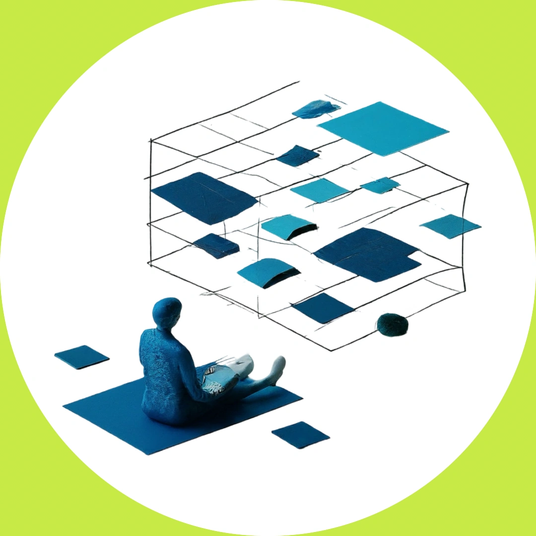  A minimalist illustration of content management, with a person organizing floating elements within a grid.