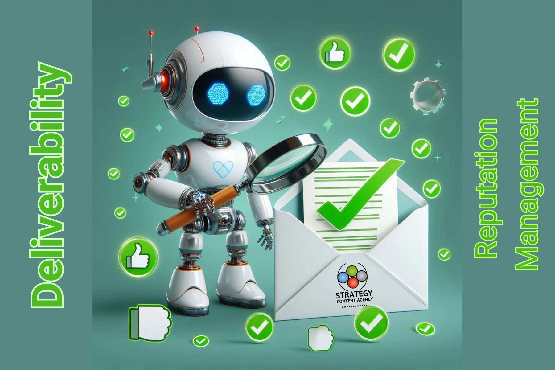 Illustration of a robot holding a magnifying glass next to an envelope with a large green checkmark and a logo reading 'STRATEGY CONTENT AGENCY.' Surrounding the robot and the envelope are various green checkmarks and thumbs-up icons, indicating approval or success. The background is teal, with the words 'Deliverability' and 'Reputation Management' written vertically on the left and right sides of the image, respectively.