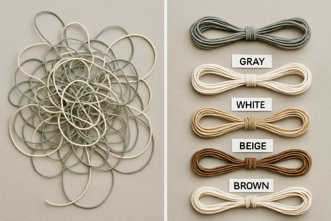 Untangling Insights: Achieving Clarity in Audience Understanding A split image showing tangled strings or wires on one side transitioning to neatly organized and labeled strings on the other, representing the process of gaining clear understanding of an audience.