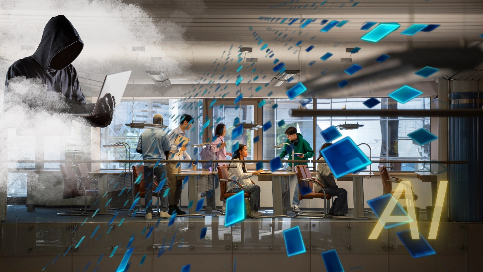Young professionals in an office collaborating while AI data streams overlay a digital hacker in the cloud — symbolizing the need for social media privacy awareness
